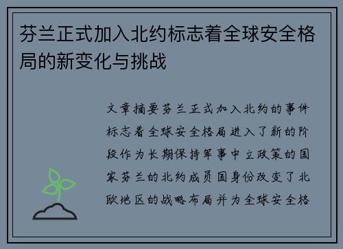 芬兰正式加入北约标志着全球安全格局的新变化与挑战